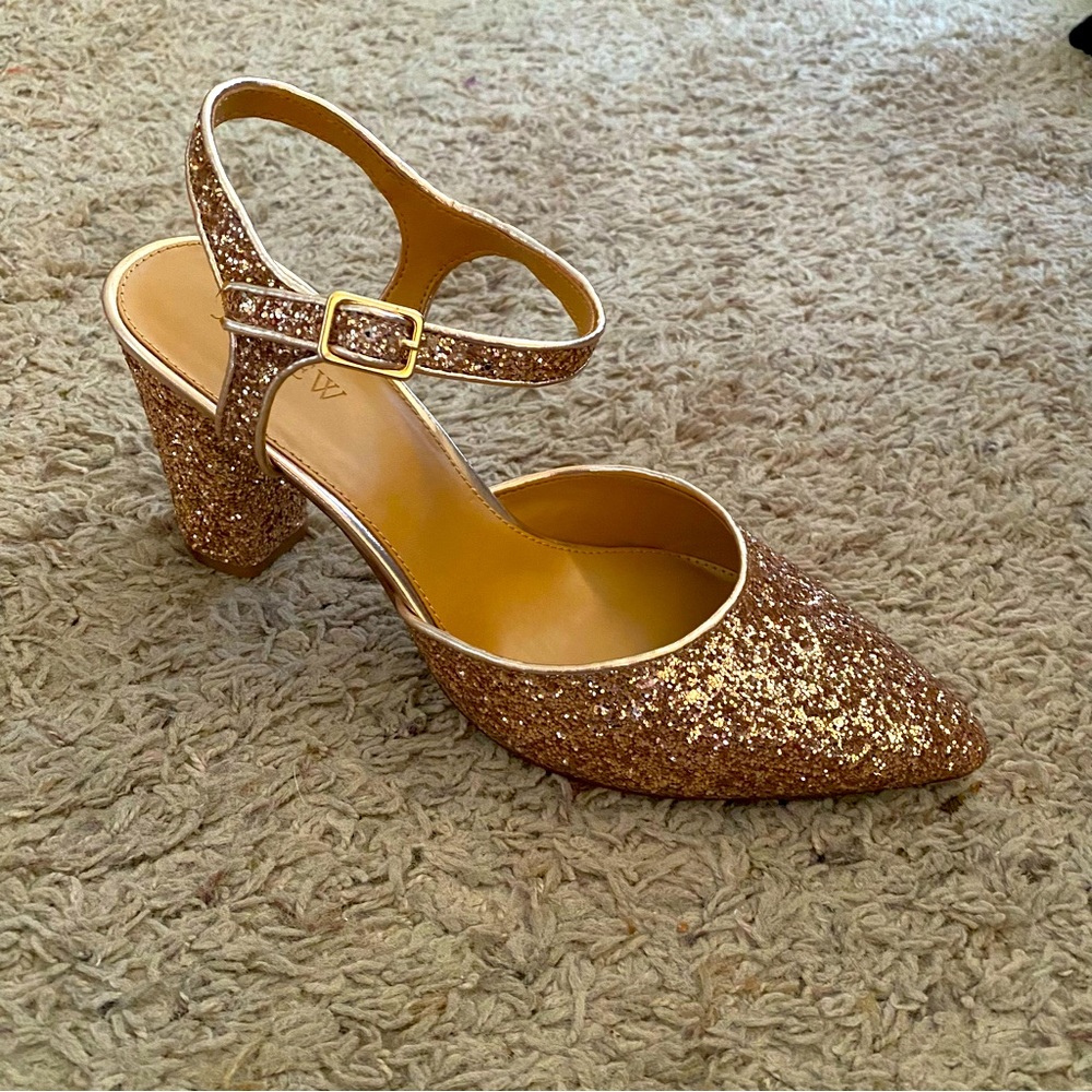 J Crew Factory rose gold glitter Mary Jane block heels